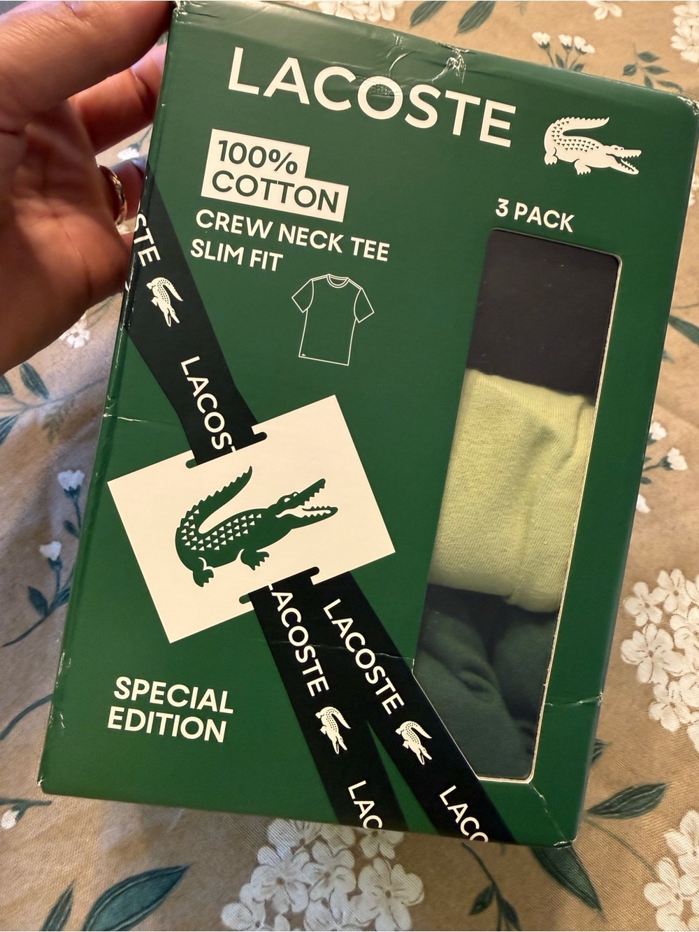 Lacoste Men’s 3-Pack Crew Neck Tees - Black, Light Green, Dark Green